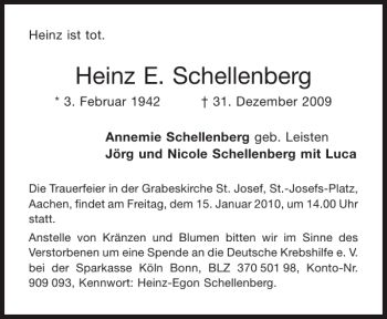 Traueranzeige von Heinz E. Schellenberg von Aachener Zeitung / Aachener Nachrichten