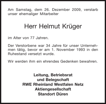 Traueranzeige von Helmut Krüger von Aachener Zeitung / Aachener Nachrichten