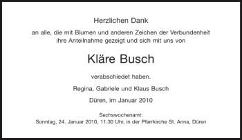 Traueranzeige von Kläre Busch von Aachener Zeitung / Aachener Nachrichten