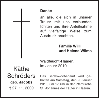Traueranzeige von Käthe Schröders von Aachener Zeitung / Aachener Nachrichten