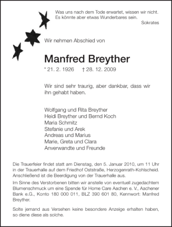 Traueranzeige von Manfred Breyther von Aachener Zeitung / Aachener Nachrichten