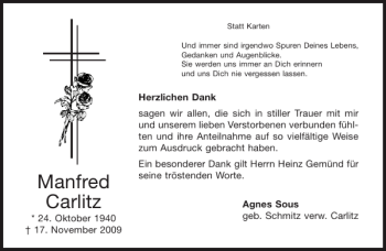 Traueranzeige von Manfred Carlitz von Aachener Zeitung / Aachener Nachrichten