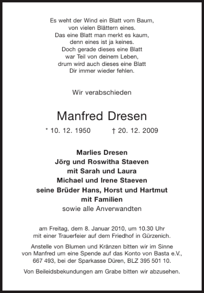  Traueranzeige für Manfred Dresen vom 02.01.2010 aus Aachener Zeitung / Aachener Nachrichten