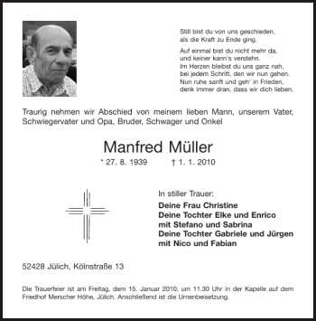 Traueranzeige von Manfred Müller von Aachener Zeitung / Aachener Nachrichten