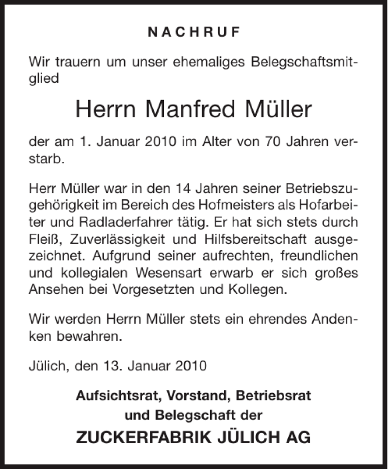  Traueranzeige für Manfred Müller vom 16.01.2010 aus Aachener Zeitung / Aachener Nachrichten