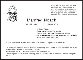 Traueranzeige von Manfred Noack von Aachener Zeitung / Aachener Nachrichten