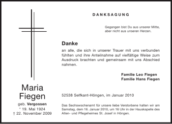 Traueranzeige von Maria Fiegen von Aachener Zeitung / Aachener Nachrichten