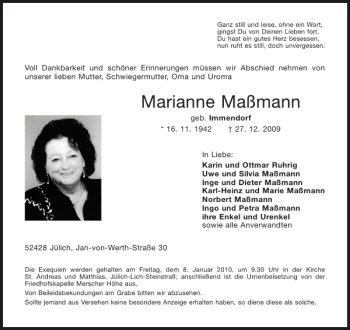 Traueranzeige von Marianne Maßmann von Aachener Zeitung / Aachener Nachrichten