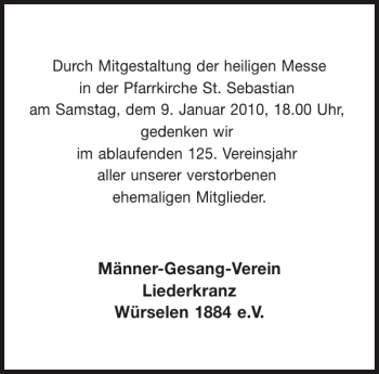 Traueranzeige von Männer-Gesang-Verein Liederkranz Würselen e.V von Aachener Zeitung / Aachener Nachrichten