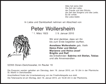 Traueranzeige von Peter Wollersheim von Aachener Zeitung / Aachener Nachrichten