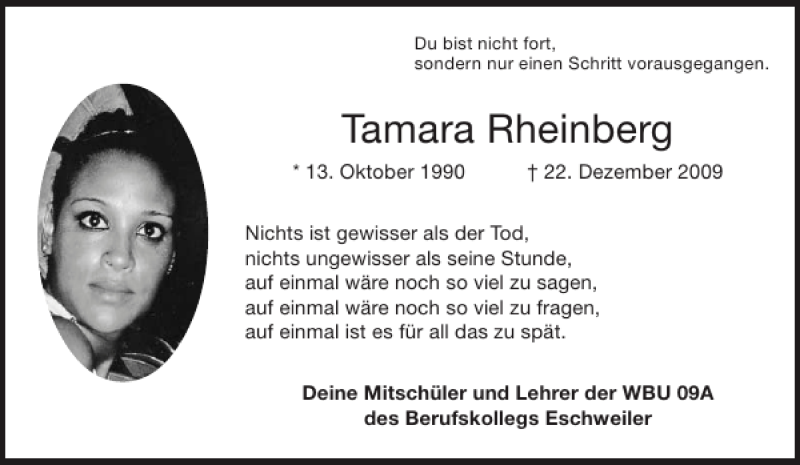  Traueranzeige für Tamara Rheinberg vom 16.01.2010 aus Aachener Zeitung / Aachener Nachrichten