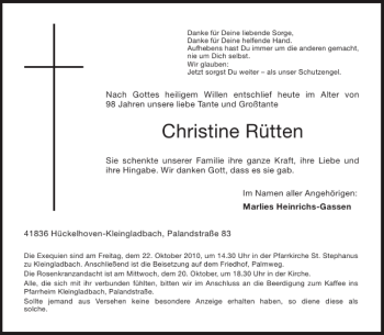 Traueranzeige von Christine Rütten von Aachener Zeitung / Aachener Nachrichten