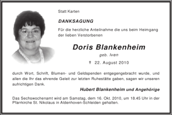 Traueranzeige von Doris Blankenheim von Super Sonntag / Super Mittwoch