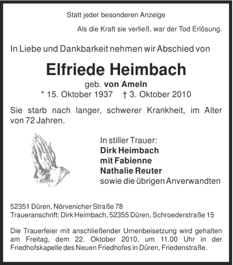 Traueranzeige für Elfriede Heimbach vom 17.10.2010 aus Super Sonntag / Super Mittwoch