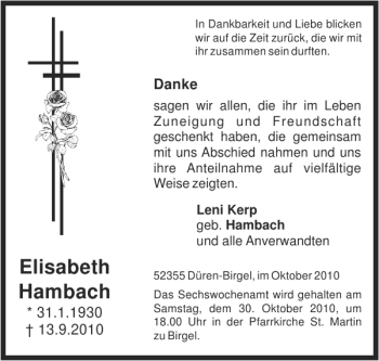 Traueranzeige von Elisabeth Hambach von Super Sonntag / Super Mittwoch