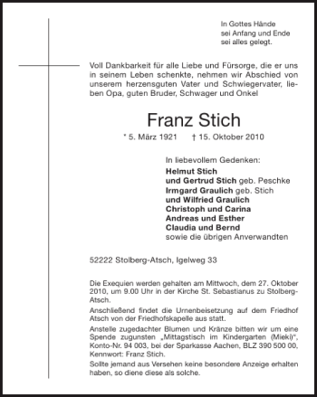 Traueranzeige von Franz Stich von Super Sonntag / Super Mittwoch