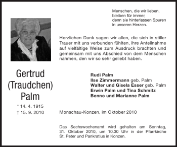 Traueranzeige von Gertrud Traudchen Palm von Super Sonntag / Super Mittwoch