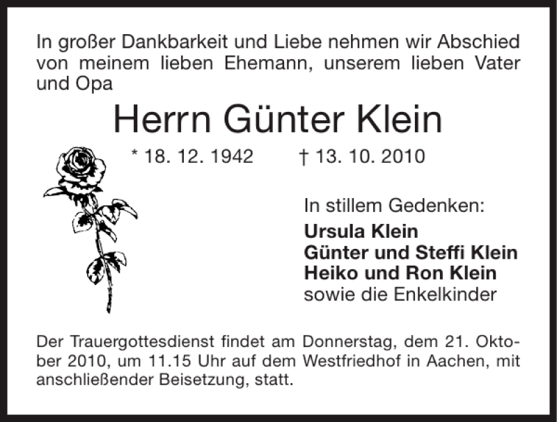  Traueranzeige für Günter Klein vom 20.10.2010 aus Super Sonntag / Super Mittwoch