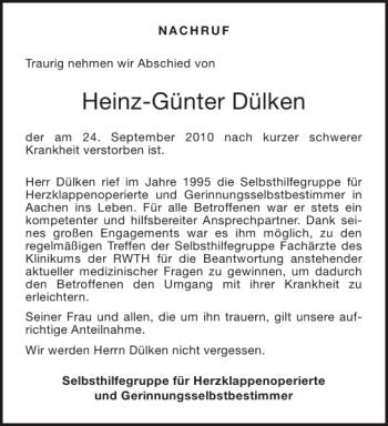 Traueranzeige von Heinz-Günter Dülken von Aachener Zeitung / Aachener Nachrichten
