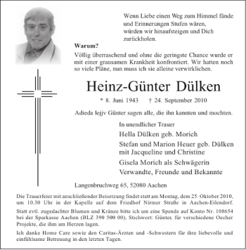 Traueranzeige von Heinz-Günter Dülken von Aachener Zeitung / Aachener Nachrichten