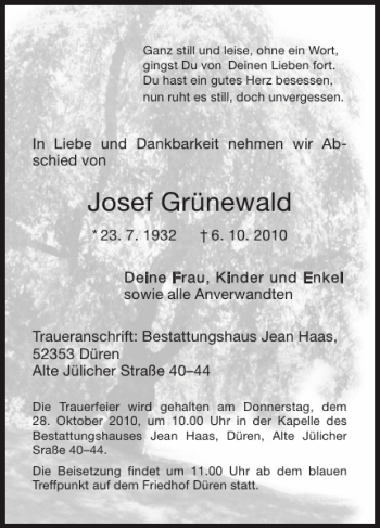 Traueranzeige von Josef Grünewald von Super Sonntag / Super Mittwoch