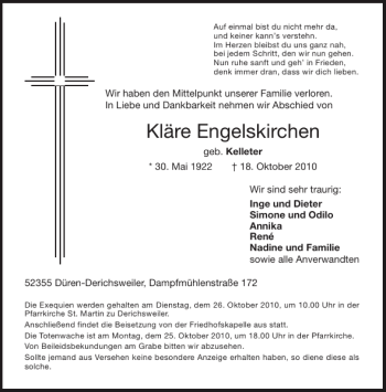 Traueranzeige von Kläre Engelskirchen von Aachener Zeitung / Aachener Nachrichten