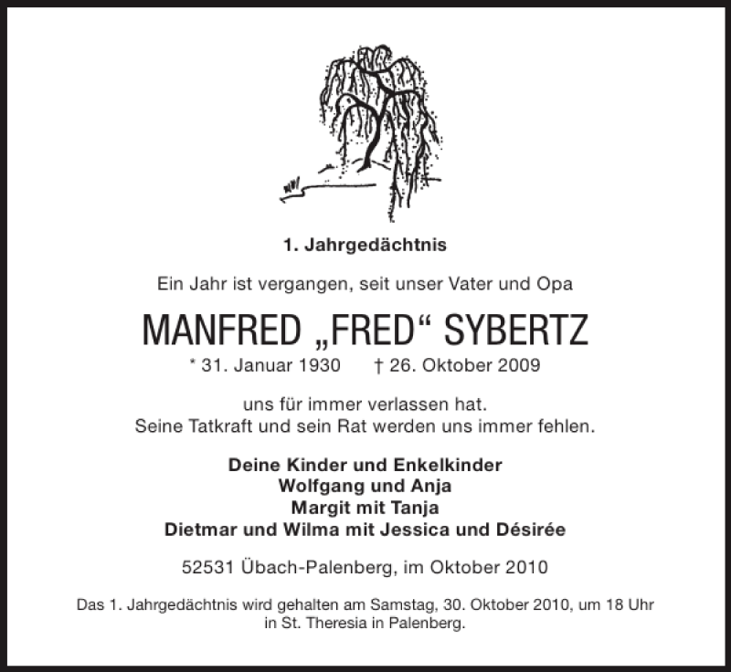  Traueranzeige für MANFRED FRED SYBERTZ vom 27.10.2010 aus Super Sonntag / Super Mittwoch