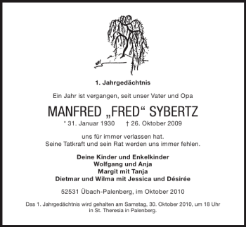 Traueranzeige von MANFRED FRED SYBERTZ von Super Sonntag / Super Mittwoch