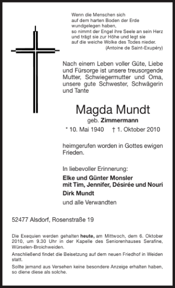 Traueranzeige von Magda Mundt von Super Sonntag / Super Mittwoch