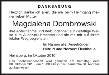 Traueranzeige von Magdalena Dombrowski von Super Sonntag / Super Mittwoch