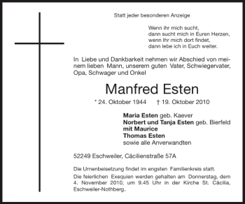 Traueranzeige von Manfred Esten von Super Sonntag / Super Mittwoch