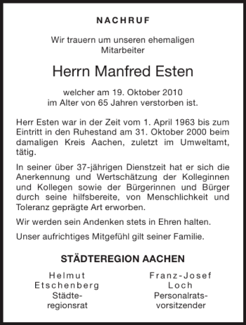 Traueranzeige von Manfred Esten von Aachener Zeitung / Aachener Nachrichten