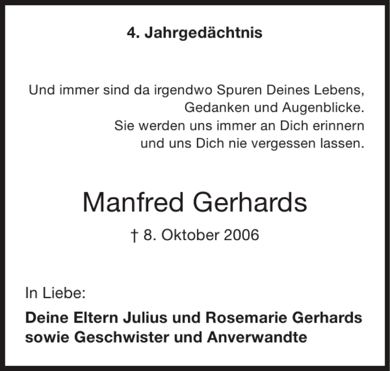  Traueranzeige für Manfred Gerhards vom 10.10.2010 aus Super Sonntag / Super Mittwoch