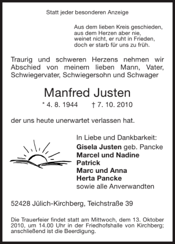 Traueranzeige von Manfred Justen von Super Sonntag / Super Mittwoch