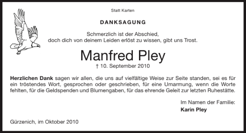  Traueranzeige für Manfred Pley vom 17.10.2010 aus Super Sonntag / Super Mittwoch