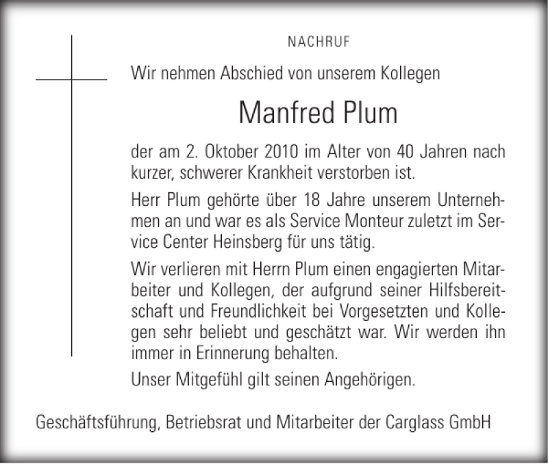  Traueranzeige für Manfred Plum vom 09.10.2010 aus Aachener Zeitung / Aachener Nachrichten