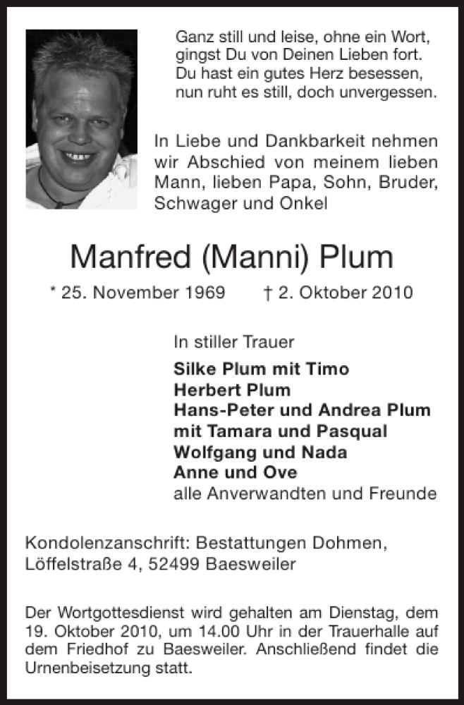  Traueranzeige für Manfred Manni Plum vom 13.10.2010 aus Super Sonntag / Super Mittwoch