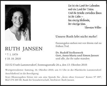 Traueranzeige von RUTH JANSEN von Aachener Zeitung / Aachener Nachrichten