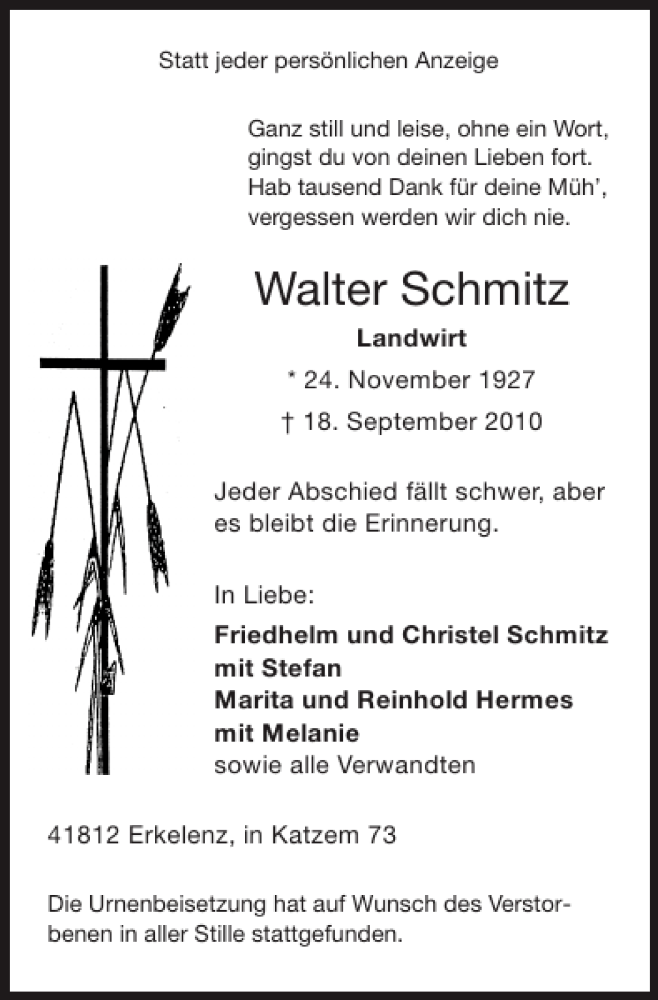 Traueranzeigen von Walter Schmitz Aachen gedenkt