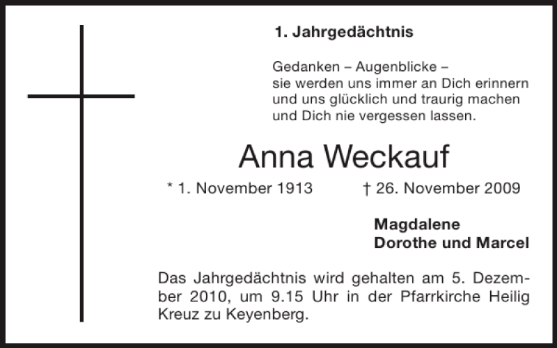  Traueranzeige für Anna Weckauf vom 28.11.2010 aus Super Sonntag / Super Mittwoch