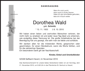 Traueranzeige von Dorothea Wald von Super Sonntag / Super Mittwoch
