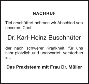 Traueranzeige von Dr. Karl-Heinz Buschhüter von Super Sonntag / Super Mittwoch