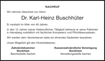 Traueranzeige von Dr. Karl-Heinz Buschhüter von Aachener Zeitung / Aachener Nachrichten