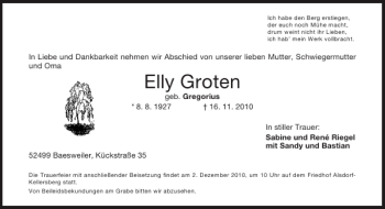 Traueranzeige von Elly Groten von Aachener Zeitung / Aachener Nachrichten