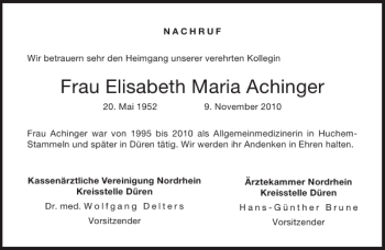 Traueranzeige von Frau Elisabeth Maria Achinger von Aachener Zeitung / Aachener Nachrichten