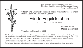 Traueranzeige von Friede Engelskirchen von Aachener Zeitung / Aachener Nachrichten