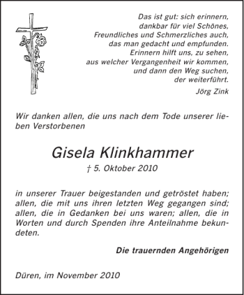 Traueranzeige von Gisela Klinkhammer von Aachener Zeitung / Aachener Nachrichten