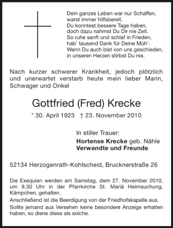 Traueranzeige von Gottfried Fred Krecke von Aachener Zeitung / Aachener Nachrichten
