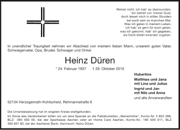 Traueranzeige von Heinz Düren von Aachener Zeitung / Aachener Nachrichten