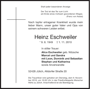Traueranzeige von Heinz Eschweiler von Aachener Zeitung / Aachener Nachrichten